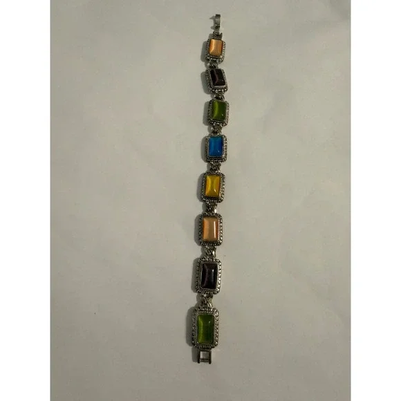 Vintage Premier  Faux Cat Eye Panel Bracelet Silver Tone Rectangle Lollipop - Picture 2 of 4